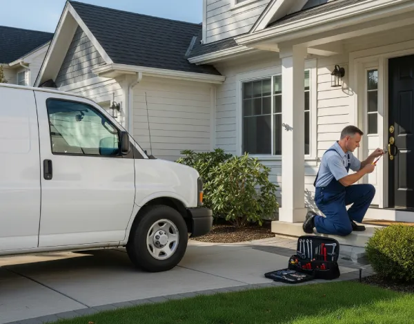 ASAP locksmith rekeying a front door deadbolt at a Granbury-area home with the service van parked in the driveway