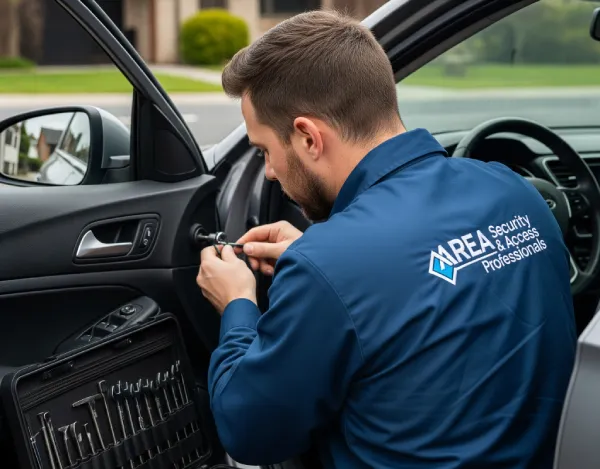 Area Security & Access Professionals technician programming a car key at a customer's vehicle in Granbury
