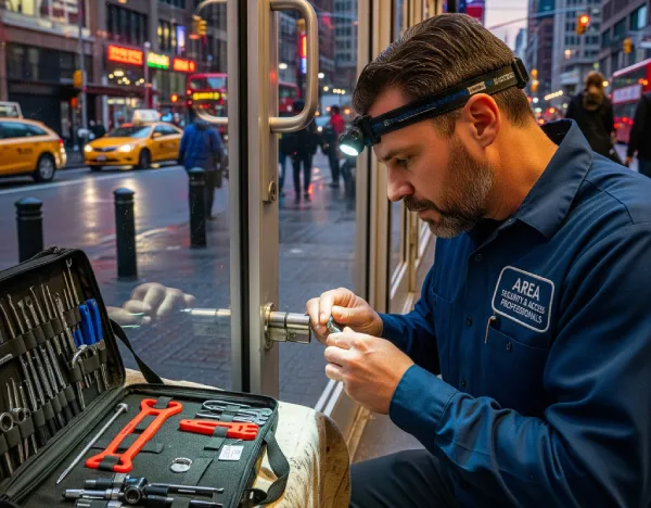 ASAP locksmith servicing a commercial glass entry door's access control hardware at night